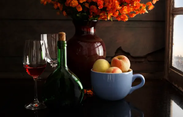 Picture flowers, style, wine, bottle, glasses, mug, vase, still life, peaches
