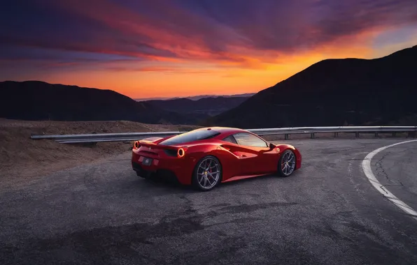 Picture the sky, sunset, mountains, the evening, Ferrari, red, GTB, 488