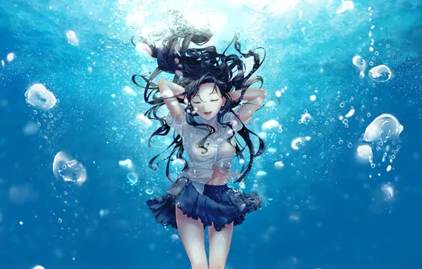 Picture girl, bubbles, anime, art, form, schoolgirl, under water, reito6