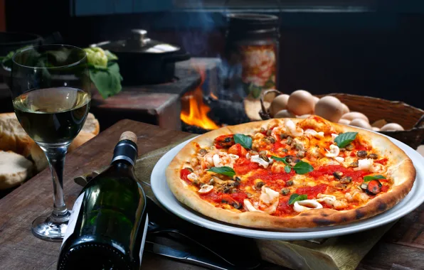 Picture table, fire, wine, glass, bottle, kitchen, oven, pizza, hut, bokeh