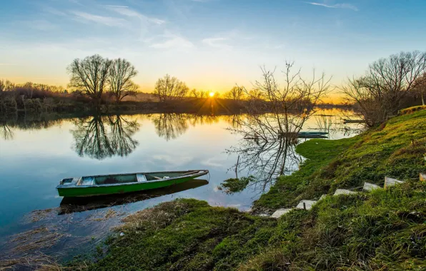 Picture sunset, river, boats, Croatia, Kupa