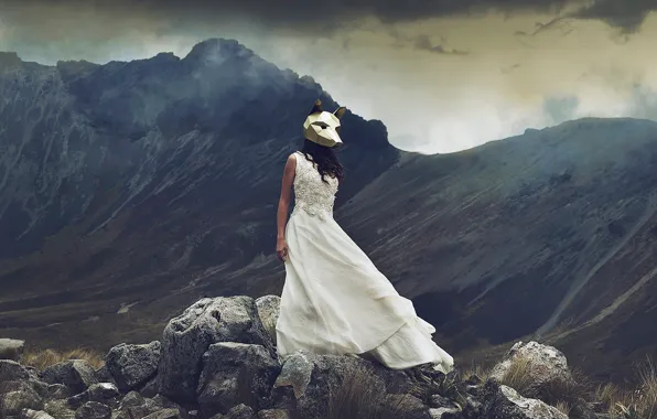 Picture girl, mountains, stones, the situation, dress, mask