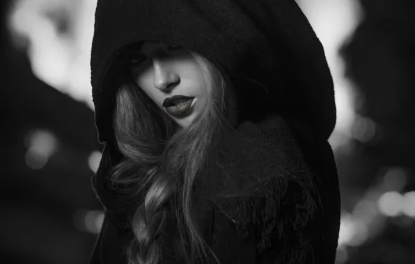 Picture girl, hood, braid, black and white photo