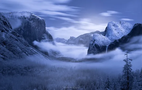 Picture winter, forest, snow, mountains, night, Yosemite valley