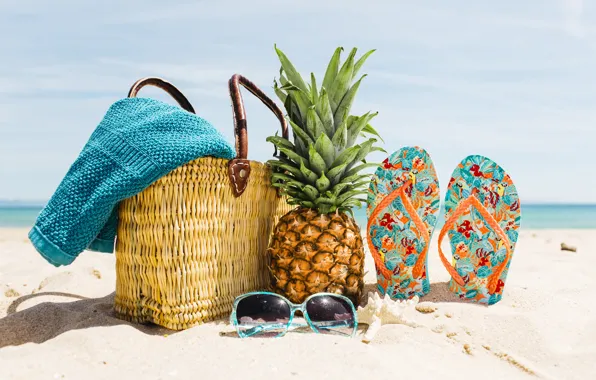 Picture sand, sea, beach, summer, stay, glasses, summer, bag, pineapple, beach, vacation, sea, sand, pineapple, slates, …