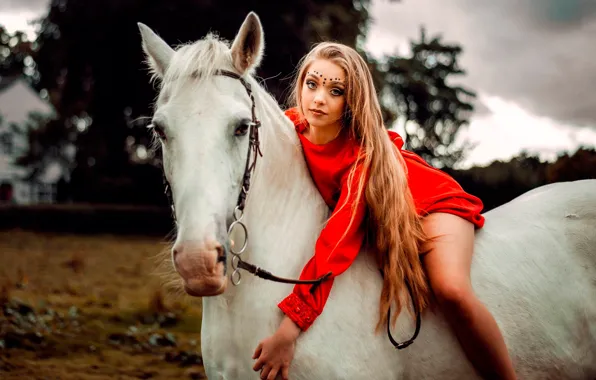 Picture girl, pose, horse, portrait, makeup, dress, hairstyle, beauty, rider, in red, bokeh, Carlos, white horse, …