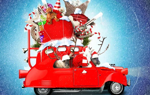 Picture snow, snowflakes, red, creative, background, holiday, toys, photoshop, Christmas, gifts, New year, lollipops, car, deer, …