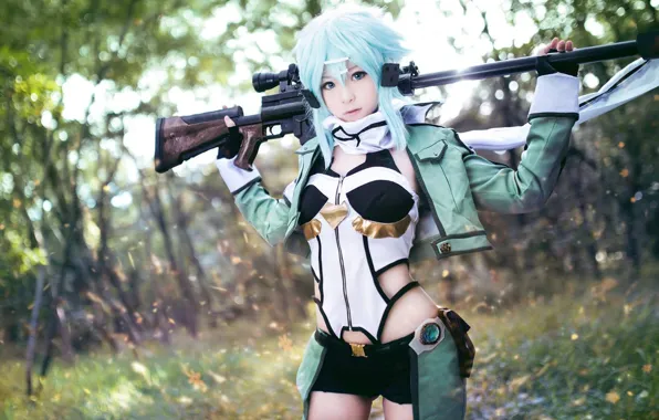 Picture kawaii, game, forest, anime, pretty, sniper, cosplay, asian, pose, rifle, japanese, Sword Art Online, vegetation, …
