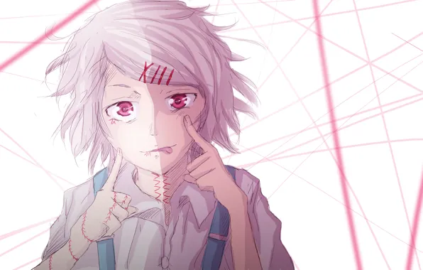 Picture boy, cuts, red eyes, madness, gray, scars, stuck out his tongue, Tokyo monster, Tokyo Ghoul, …