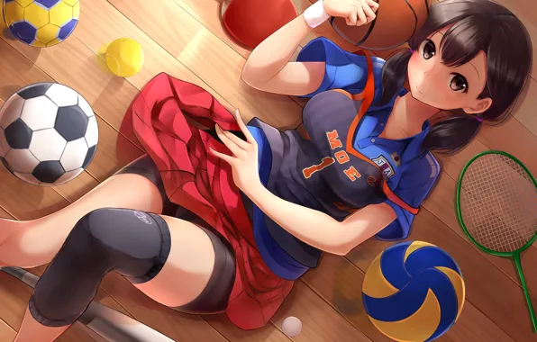 Picture girl, balls, racket, anime, art, bit, sports uniforms
