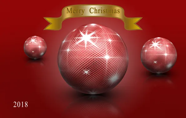 Picture glare, reflection, rendering, red, balls, color, new year, Christmas, 2018