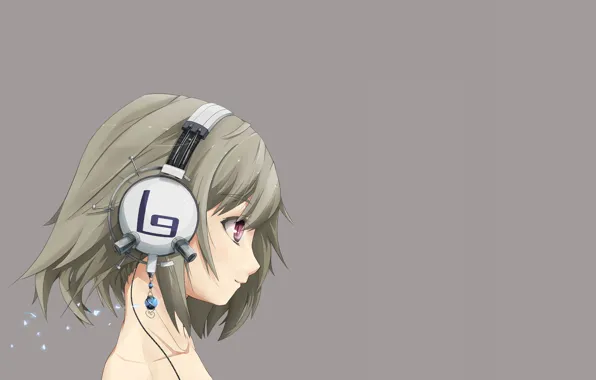 Picture face, haircut, headphones, girl, profile, grey background, bangs