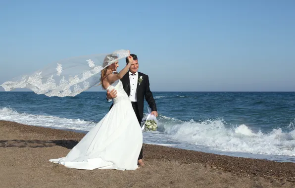 Picture sea, wave, summer, joy, bouquet, dress, walk, the bride, veil, dress, sea, wedding, the groom, …
