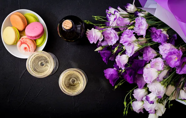 Picture flowers, wine, colorful, glasses, pink, flowers, cakes, sweet, purple, macaroon, french, macaron, macaroon