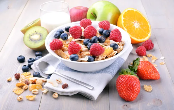 Picture berries, raspberry, Breakfast, blueberries, fruit, breakfast, muesli