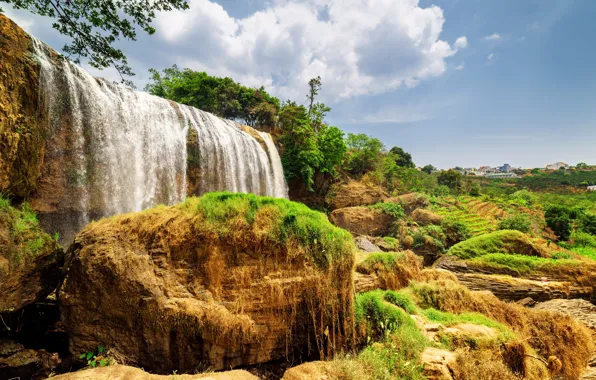 Picture greens, the sky, the sun, clouds, trees, rock, stones, waterfall, Vietnam