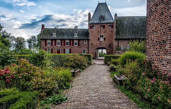 Picture the sky, clouds, trees, flowers, castle, garden, Netherlands, the bushes, Castle Doorwerth
