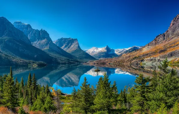 Picture trees, mountains, lake, reflection, Montana, Glacier National Park, Saint Mary Lake, Rocky mountains, Montana, Glacier …