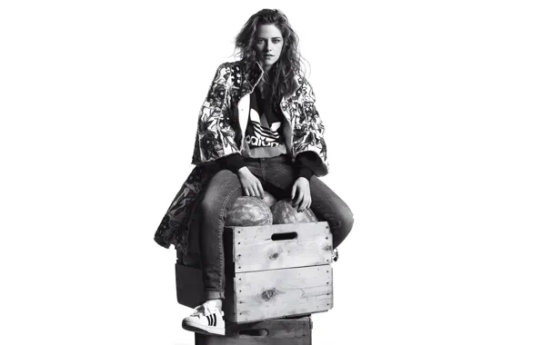 Picture jeans, makeup, jacket, hairstyle, white background, black and white, boxes, Kristen Stewart, Kristen Stewart, sitting, …