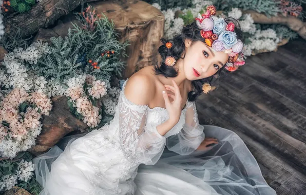 Picture look, flowers, pose, style, model, Asian, the bride, wreath, wedding dress