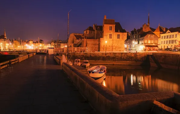 Picture night, bridge, lights, river, France, home, boats, lights, channel, Honfleur