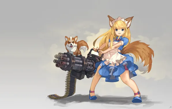 Picture weapons, dog, anime, art, girl, ears, hinew KIM, Gatling Dog!