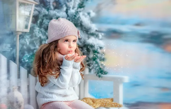 Picture winter, snow, snowflakes, tree, girl, lantern, child, bench