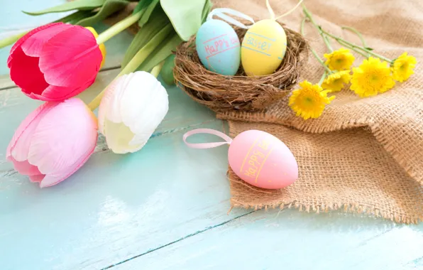 Picture flowers, basket, eggs, spring, colorful, Easter, tulips, wood, pink, flowers, tulips, spring, Easter, eggs, decoration, …