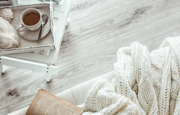 Picture winter, white, snow, wool, scarf, book, white, hot, winter, snow, cup, Cup of tea