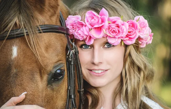 Picture look, girl, flowers, face, smile, mood, horse, horse, wreath