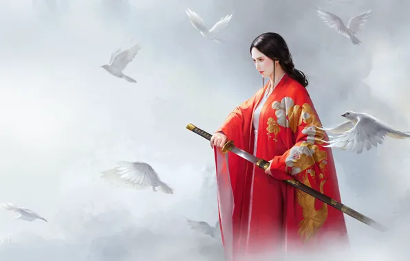 Picture girl, weapons, fantasy, art, pigeons, Red, wenfei ye