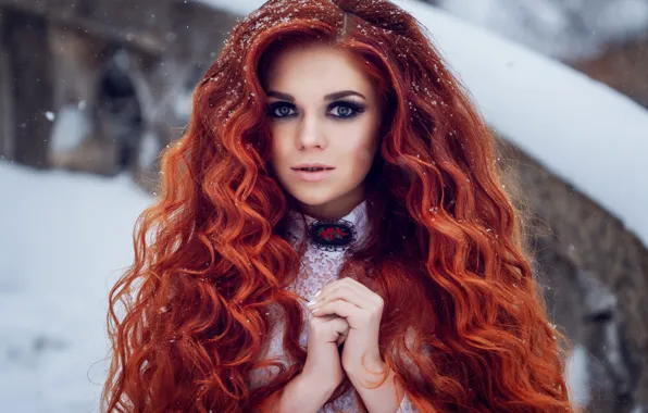 Picture look, girl, snow, portrait, hands, red, redhead, long hair, curls, Natalia Baklakova