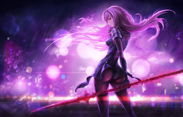 Picture girl, lights, weapons, magic, anime, art, spear, fate/grand order, scathach