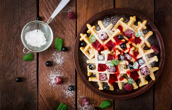 Picture Berries, powdered sugar, Waffles