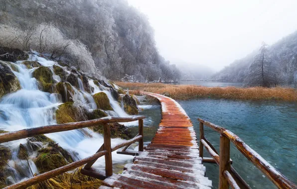 Picture winter, bridge, nature, lakes, croatia, plitvice