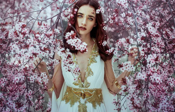 Picture look, girl, branches, tree, mood, spring, dress, flowering, flowers, Ximena Olavarria Designer