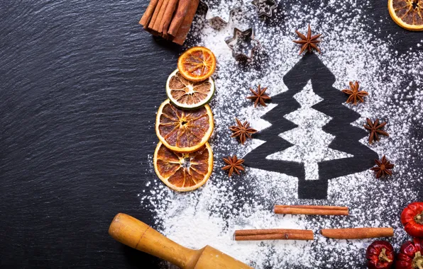Picture tree, orange, New Year, Christmas, cinnamon, merry christmas, flour, decoration, xmas
