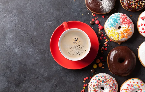 Picture coffee, donuts, cup, coffee, donuts