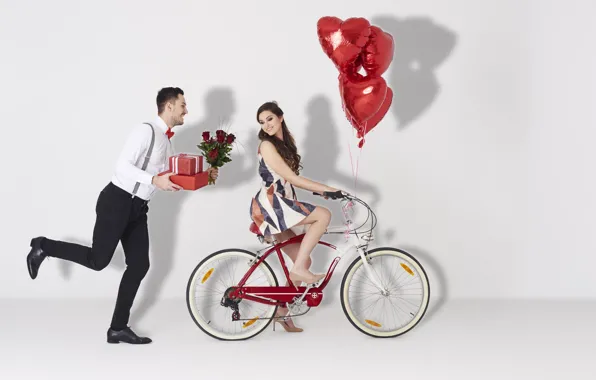Picture Girl, Heart, Roses, Two, Bike, Brown hair, Male, Valentine's Day, Valentine's Day, Gifts, A balloon