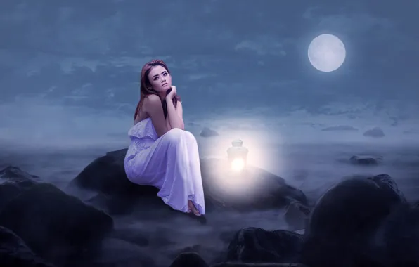 Picture the sky, girl, clouds, light, night, fog, the moon, dress, art, lantern, beautiful, sitting, in …