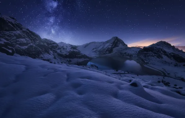 Picture winter, stars, snow, mountains, night, lake