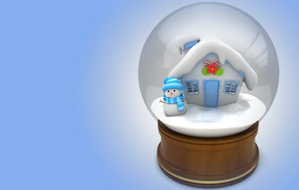 Picture winter, gift, house, snowman, children's, snow globe, 3D, art. New year