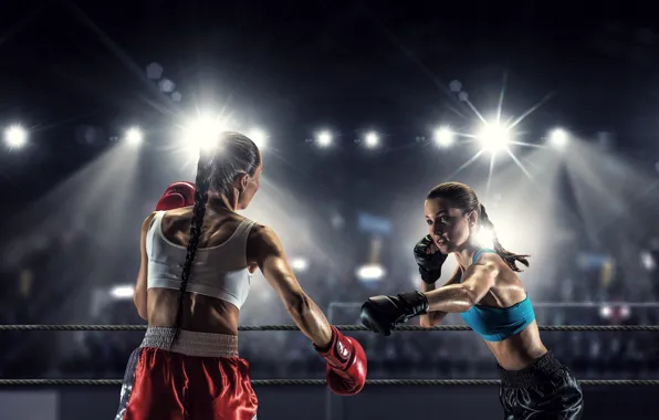 Picture light, girls, two, Boxing, gloves, braids, briefs, the ring, ropes, brunette, tribune, floodlight, bokeh, the …