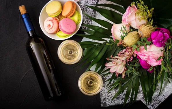 Picture flowers, wine, colorful, glasses, pink, flowers, cakes, sweet, purple, macaroon, french, macaron, macaroon