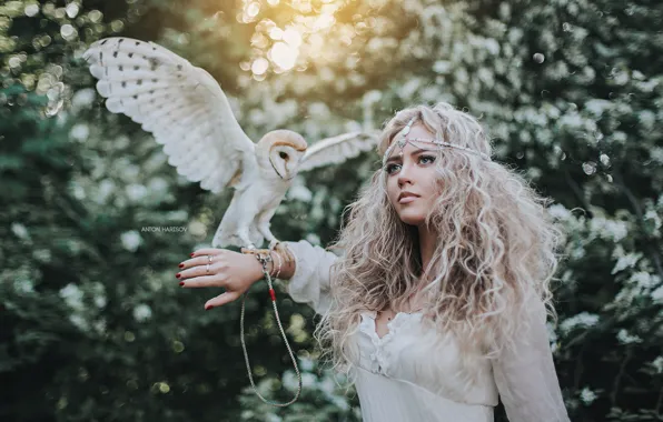 Picture girl, owl, bird, hair, curls, the barn owl, Anton Kharisov, Lera Polovynchyk