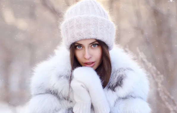 Picture winter, look, girl, face, portrait, coat, cap, mittens, gloves, Alina, Dmitry Arhar