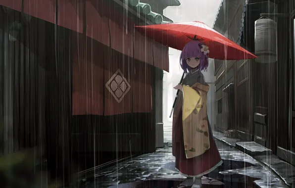 Picture girl, rain, dress, umbrella, anime, street, houses, Touhou, alley, kimono, purple hair, anime girl, Hieda …