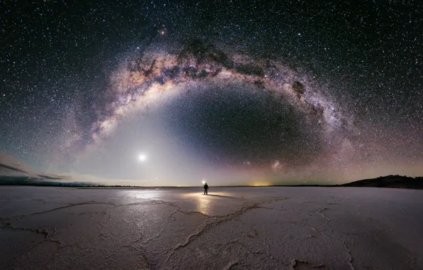 Picture the sky, stars, light, night, people, the milky way, dry lake