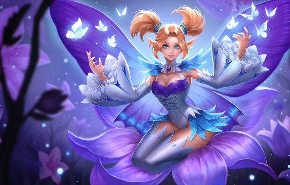 Picture girl, butterfly, flowers, smile, magic, the game, wings, art, fake, ROV, Krixi, Mobile Arena
