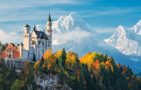 Picture autumn, forest, the sky, clouds, trees, mountains, castle, Germany, Bayern, Neuschwanstein Castle